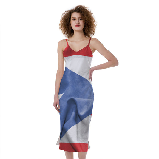 Wrinkled Puerto Rican Flag Print Slim Fit Midi Cami Dress