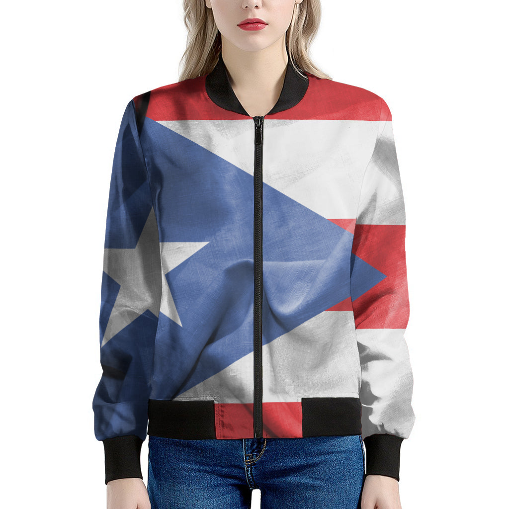 Wrinkled Puerto Rican Flag Print Women's Bomber Jacket