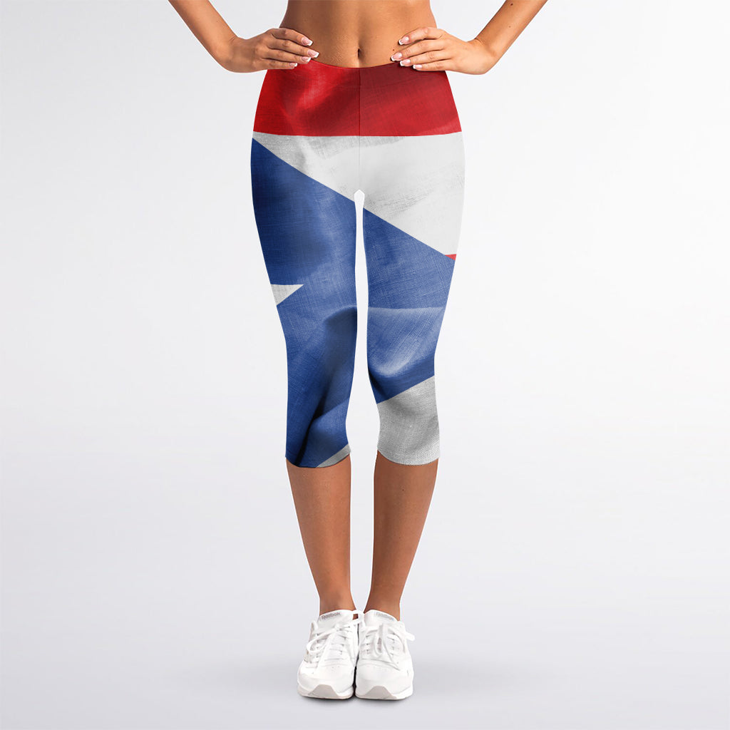 Wrinkled Puerto Rican Flag Print Women's Capri Leggings