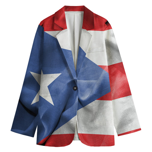 Wrinkled Puerto Rican Flag Print Women's Cotton Blazer