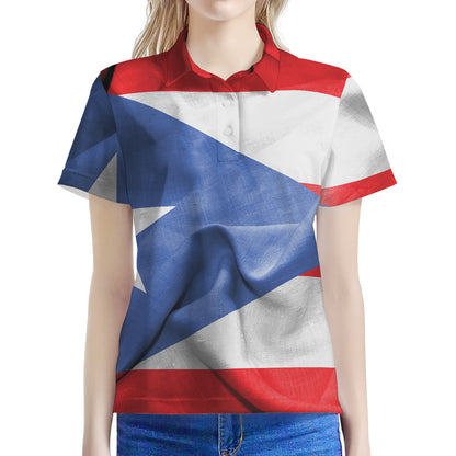 Wrinkled Puerto Rican Flag Print Women's Polo Shirt