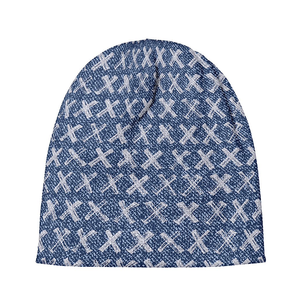 X Cross Denim Jeans Pattern Print Beanie