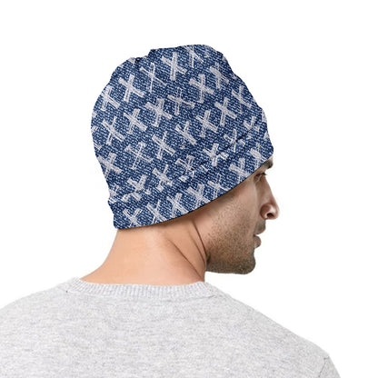 X Cross Denim Jeans Pattern Print Beanie