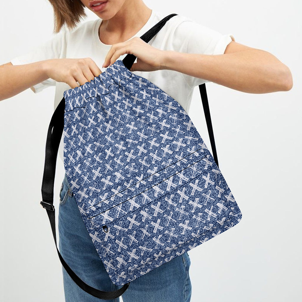 X Cross Denim Jeans Pattern Print Drawstring Backpack