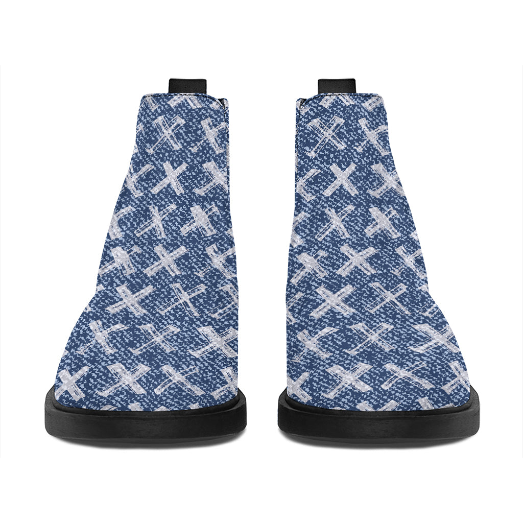 X Cross Denim Jeans Pattern Print Flat Ankle Boots