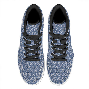 X Cross Denim Jeans Pattern Print High Top Leather Sneakers