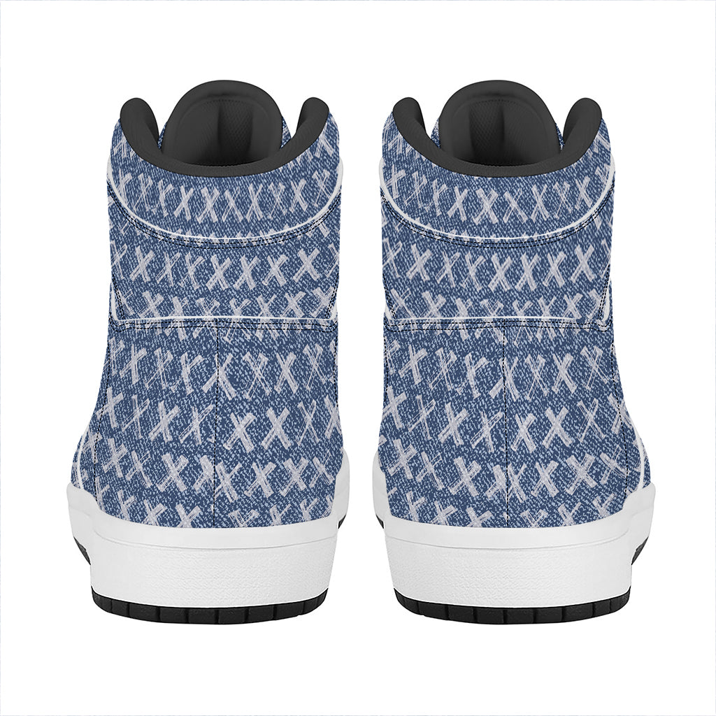 X Cross Denim Jeans Pattern Print High Top Leather Sneakers