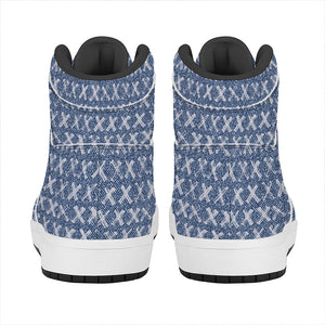 X Cross Denim Jeans Pattern Print High Top Leather Sneakers