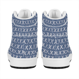 X Cross Denim Jeans Pattern Print High Top Leather Sneakers