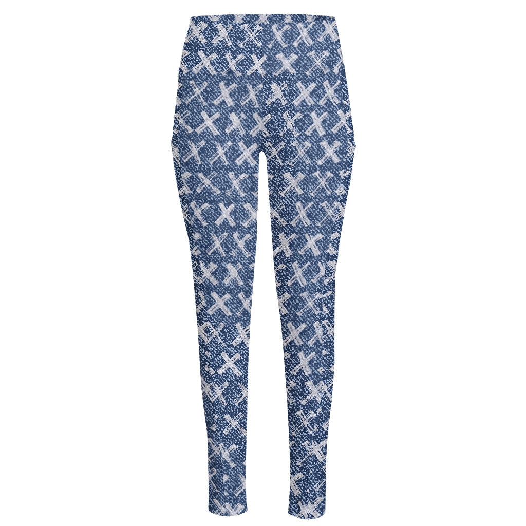 X Cross Denim Jeans Pattern Print High-Waisted Pocket Leggings