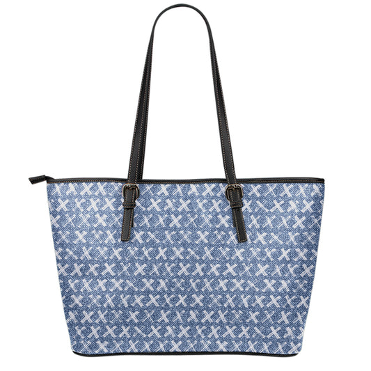 X Cross Denim Jeans Pattern Print Leather Tote Bag