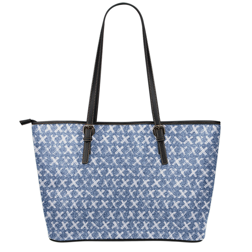 X Cross Denim Jeans Pattern Print Leather Tote Bag