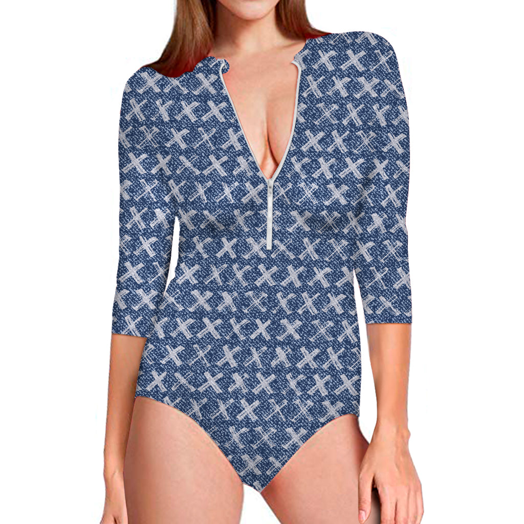 X Cross Denim Jeans Pattern Print Long Sleeve Swimsuit