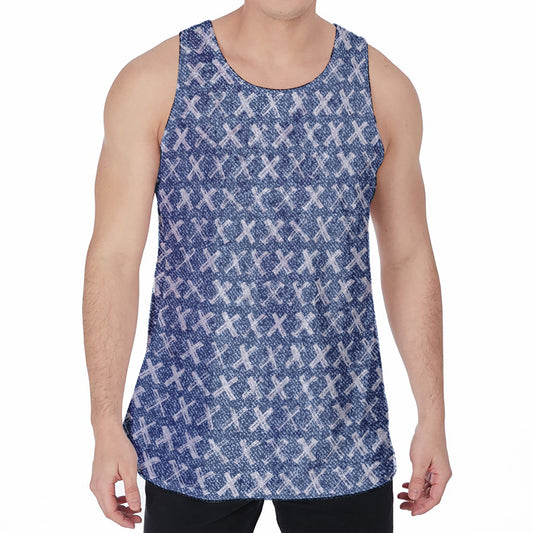 X Cross Denim Jeans Pattern Print Men's Velvet Tank Top
