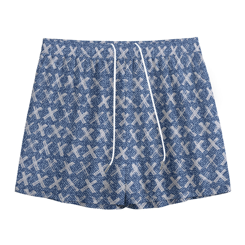 X Cross Denim Jeans Pattern Print Mesh Shorts