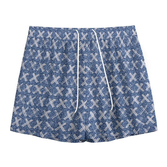 X Cross Denim Jeans Pattern Print Mesh Shorts