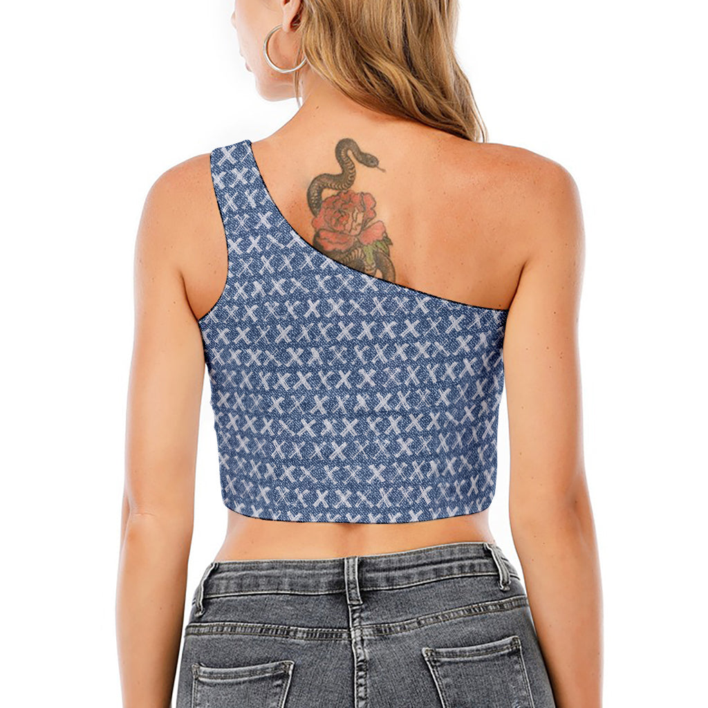 X Cross Denim Jeans Pattern Print One Shoulder Crop Top