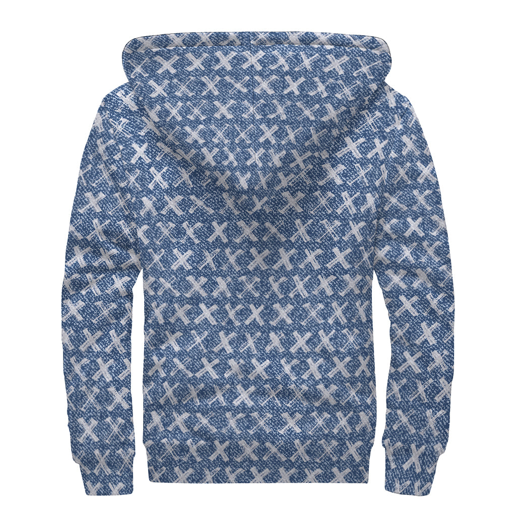X Cross Denim Jeans Pattern Print Sherpa Lined Zip Up Hoodie