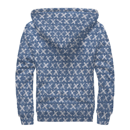 X Cross Denim Jeans Pattern Print Sherpa Lined Zip Up Hoodie