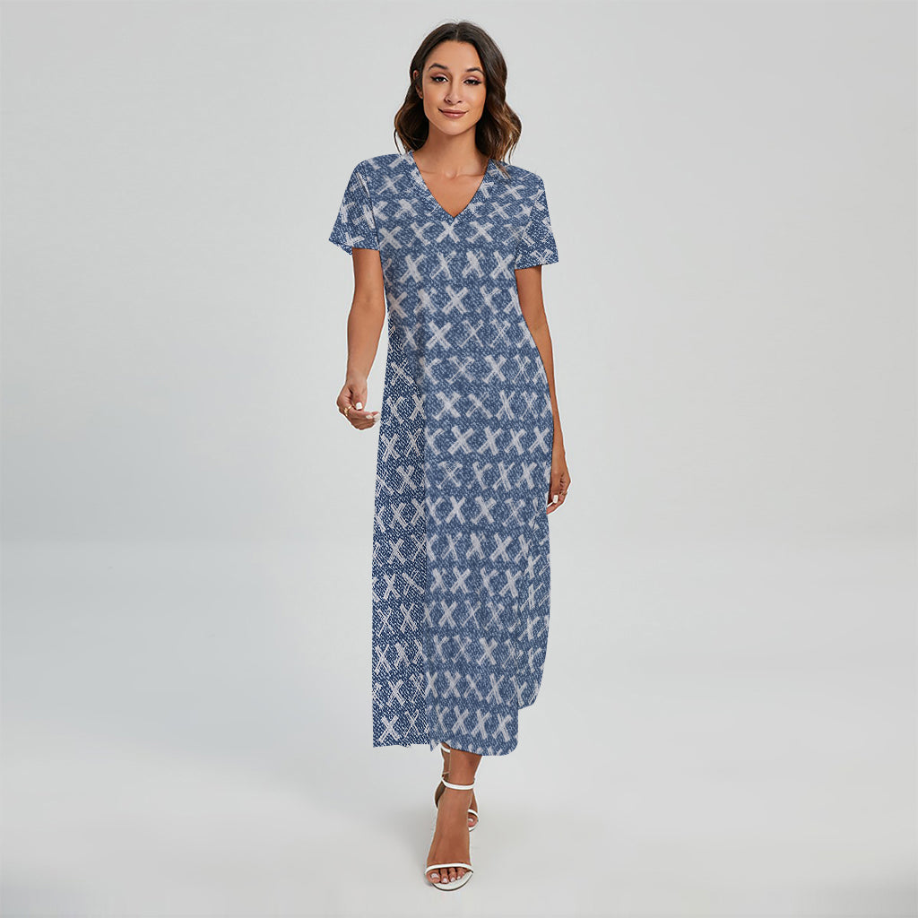 X Cross Denim Jeans Pattern Print Short Sleeve Maxi Dress