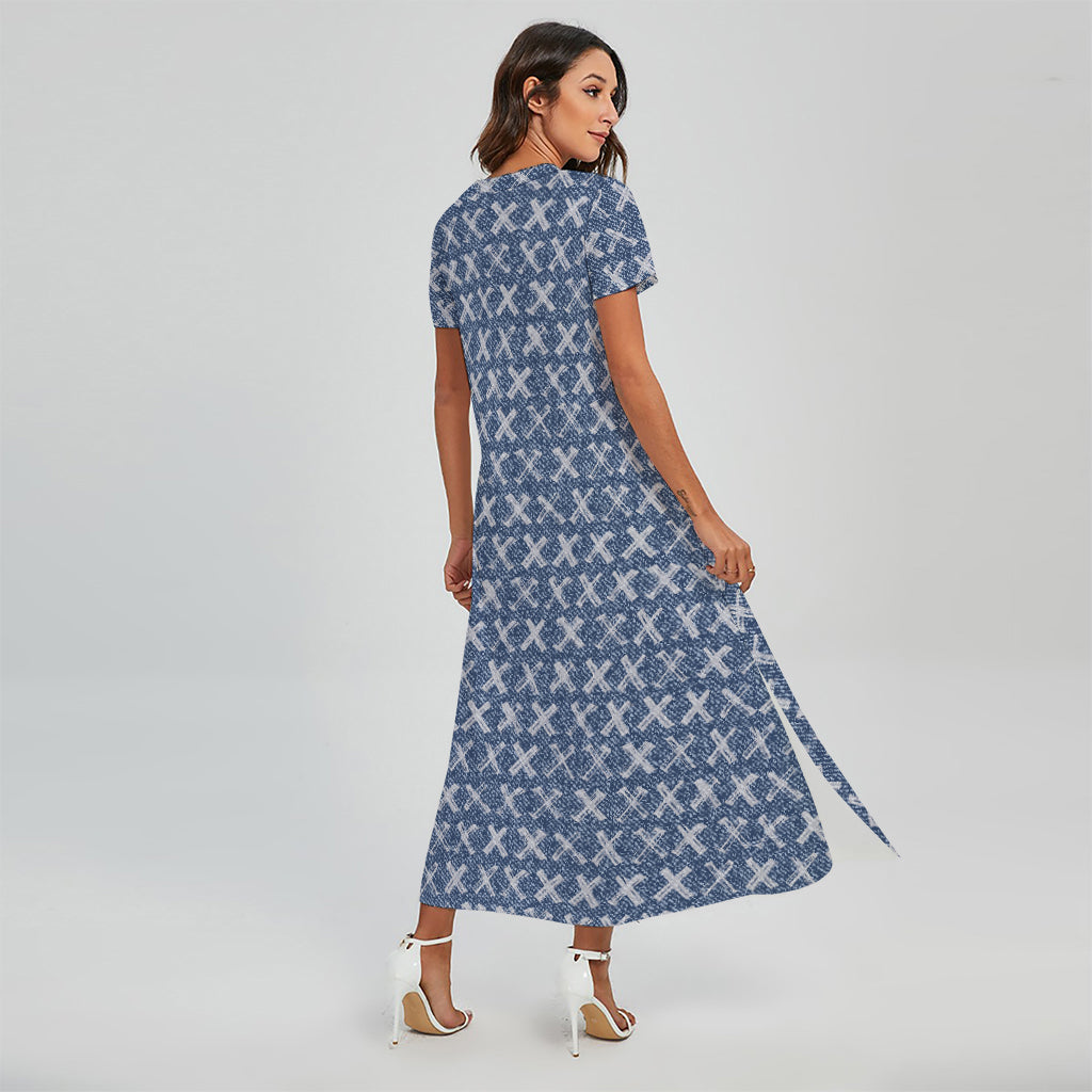 X Cross Denim Jeans Pattern Print Short Sleeve Maxi Dress