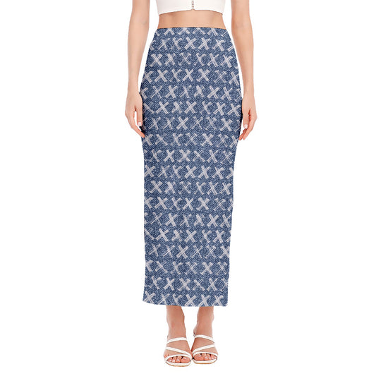 X Cross Denim Jeans Pattern Print Side Slit Maxi Skirt
