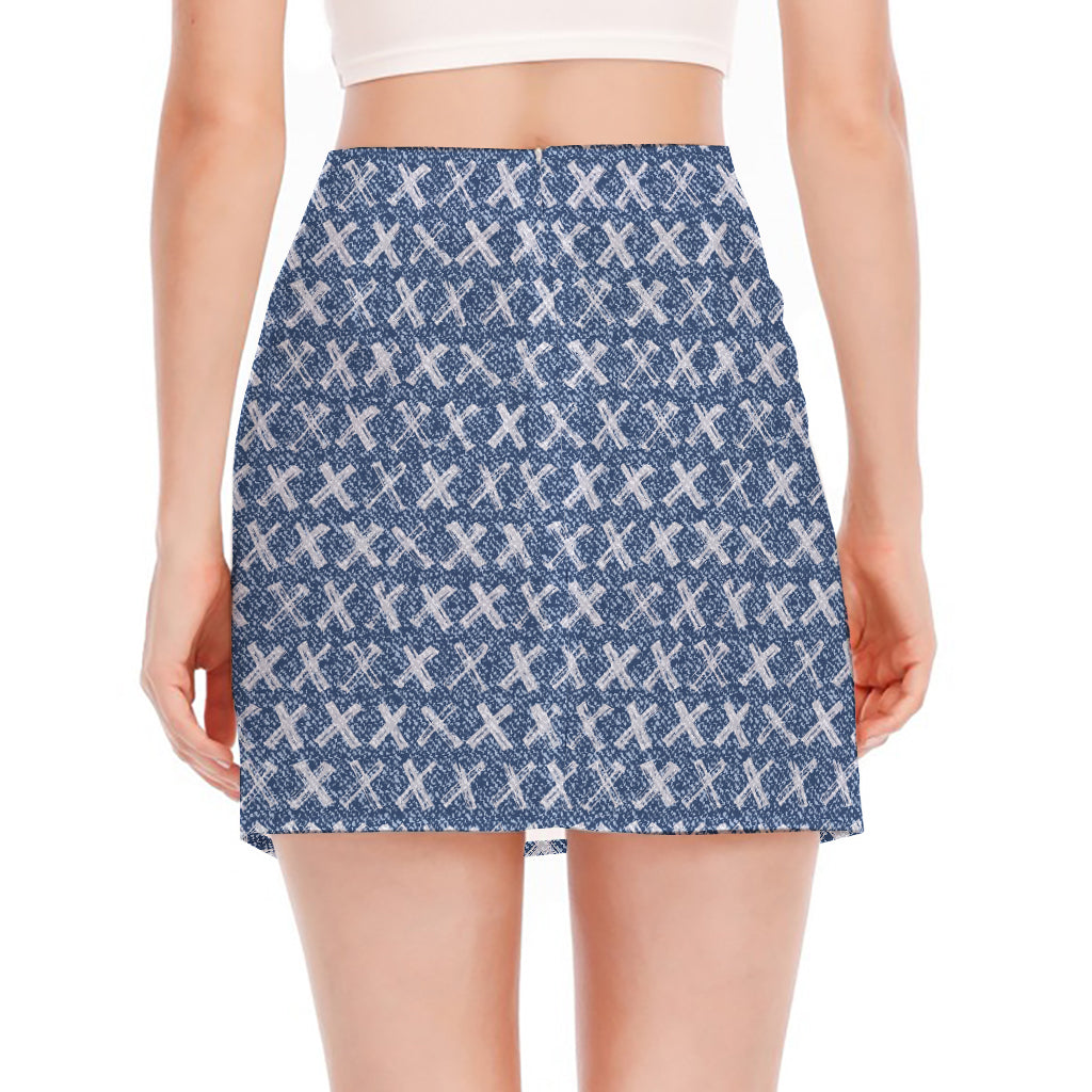 X Cross Denim Jeans Pattern Print Side Slit Mini Skirt