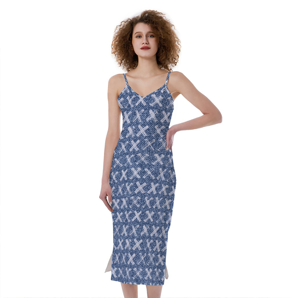 X Cross Denim Jeans Pattern Print Slim Fit Midi Cami Dress