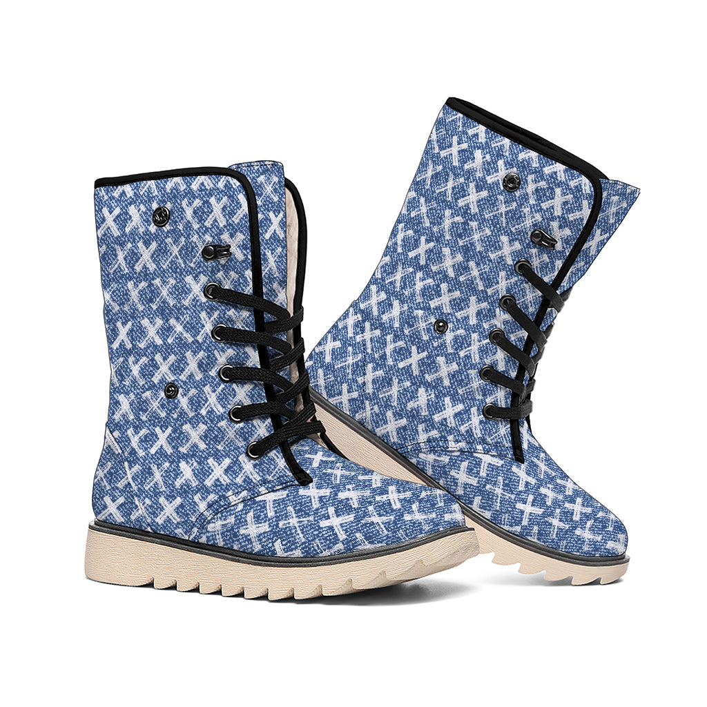 X Cross Denim Jeans Pattern Print Winter Boots