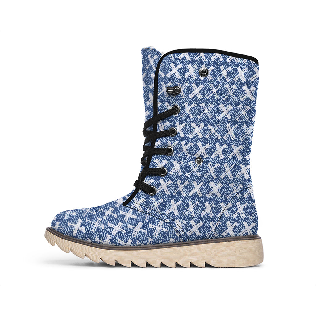 X Cross Denim Jeans Pattern Print Winter Boots
