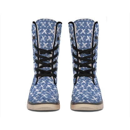 X Cross Denim Jeans Pattern Print Winter Boots