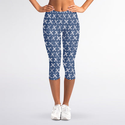 X Cross Denim Jeans Pattern Print Women's Capri Leggings