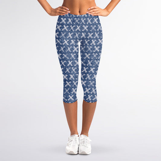 X Cross Denim Jeans Pattern Print Women's Capri Leggings