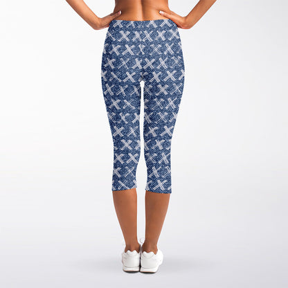 X Cross Denim Jeans Pattern Print Women's Capri Leggings