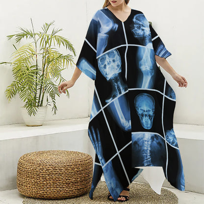 X-Ray Film Radiology Print Silk V-Neck Kaftan Dress