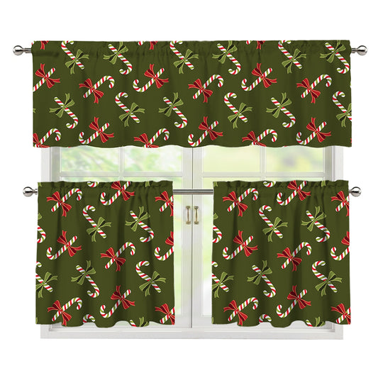 Xmas Candy Cane Pattern Print 3 Piece Kitchen Curtains