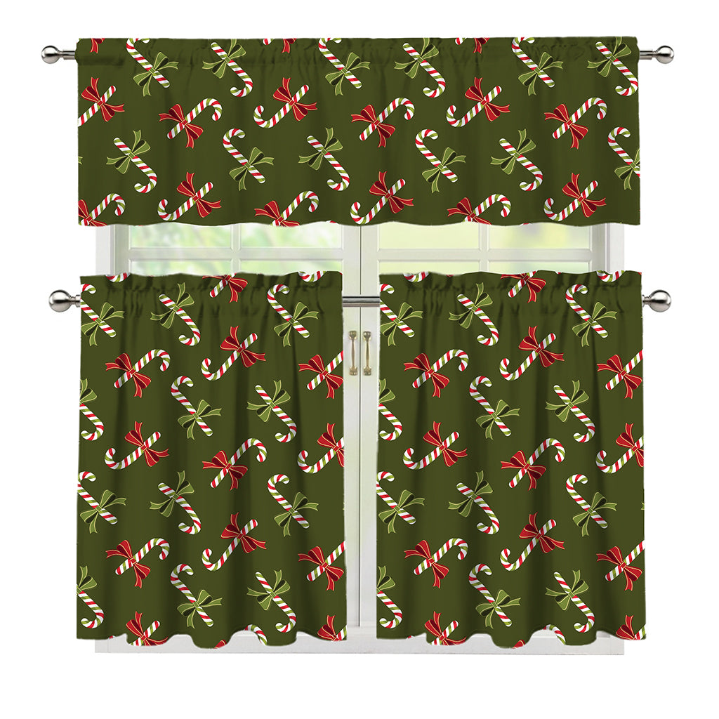 Xmas Candy Cane Pattern Print 3 Piece Kitchen Curtains