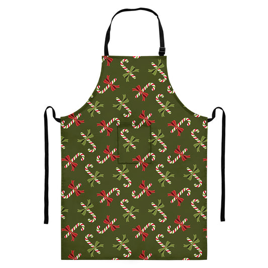 Xmas Candy Cane Pattern Print Bib Apron With Pocket