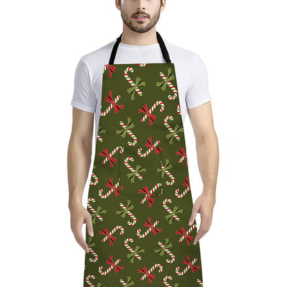 Xmas Candy Cane Pattern Print Bib Apron With Pocket