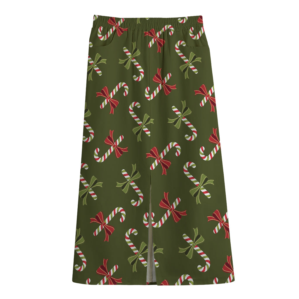 Xmas Candy Cane Pattern Print Cotton Front Slit Maxi Skirt