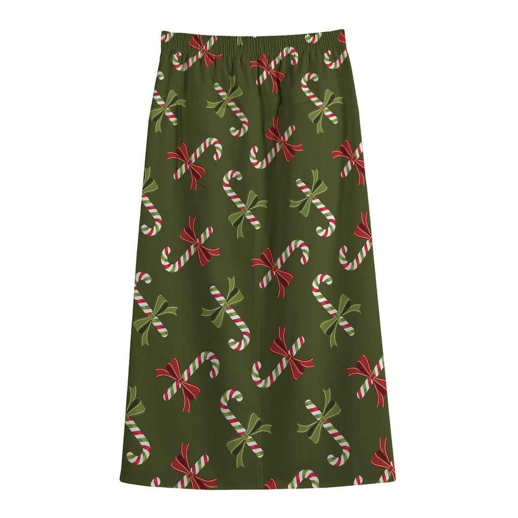 Xmas Candy Cane Pattern Print Cotton Front Slit Maxi Skirt