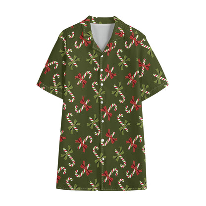 Xmas Candy Cane Pattern Print Cotton Hawaiian Shirt