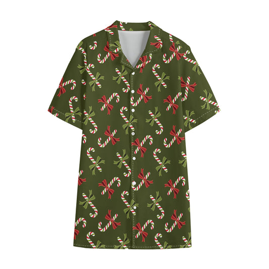 Xmas Candy Cane Pattern Print Cotton Hawaiian Shirt
