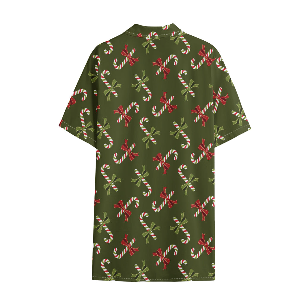 Xmas Candy Cane Pattern Print Cotton Hawaiian Shirt