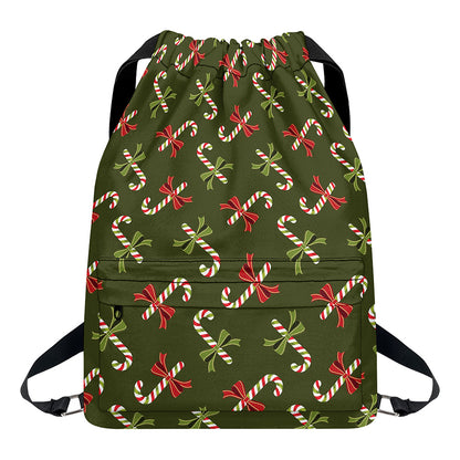 Xmas Candy Cane Pattern Print Drawstring Backpack