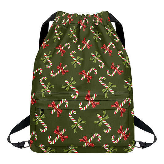 Xmas Candy Cane Pattern Print Drawstring Backpack
