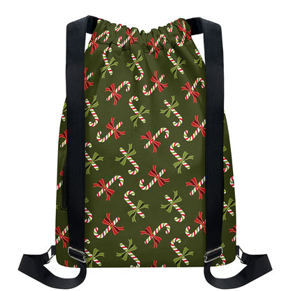 Xmas Candy Cane Pattern Print Drawstring Backpack