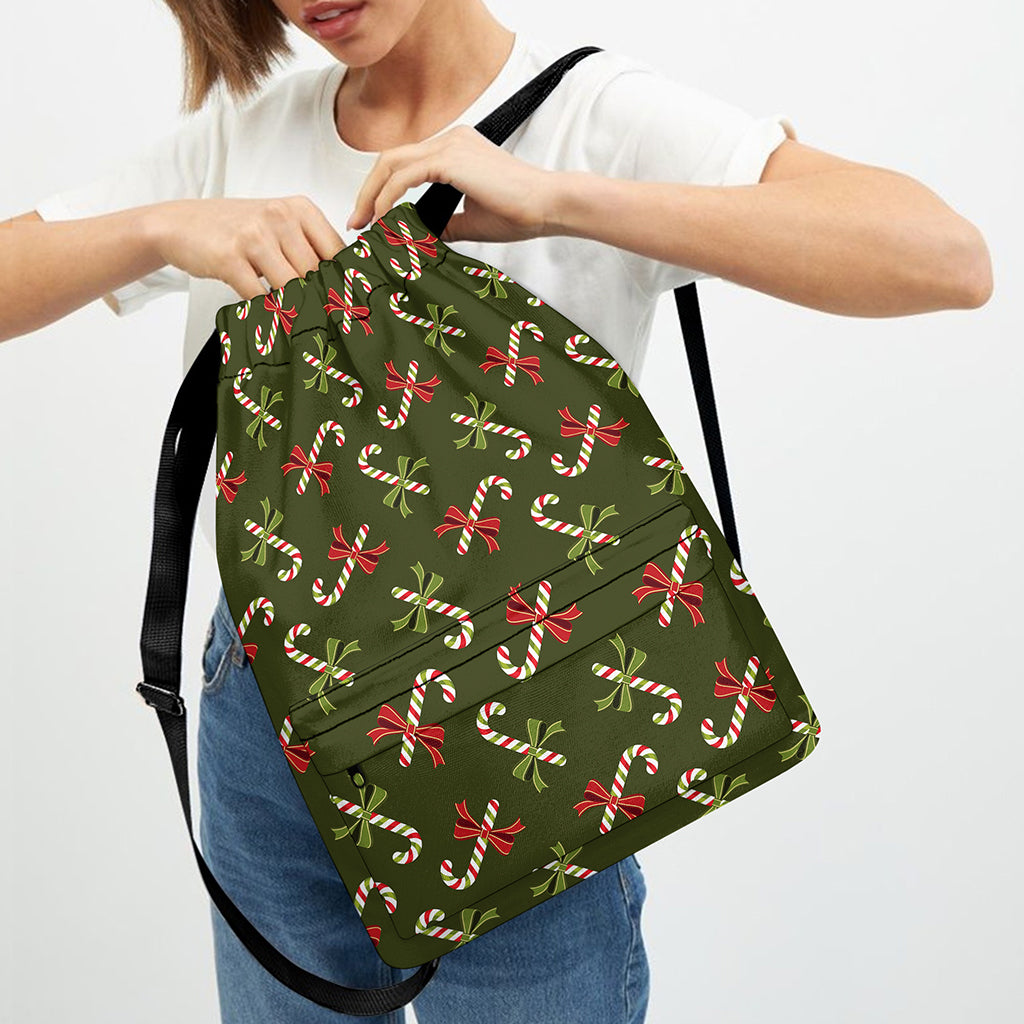Xmas Candy Cane Pattern Print Drawstring Backpack
