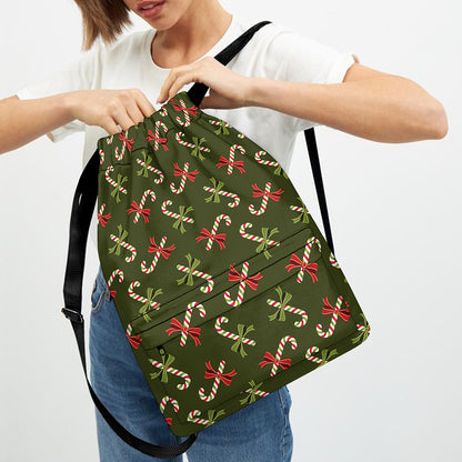 Xmas Candy Cane Pattern Print Drawstring Backpack