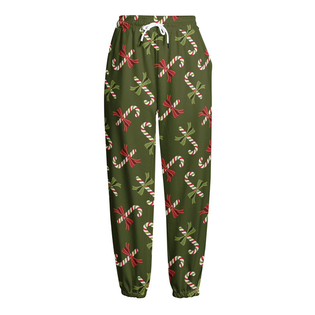 Xmas Candy Cane Pattern Print Fleece Lined Knit Pants